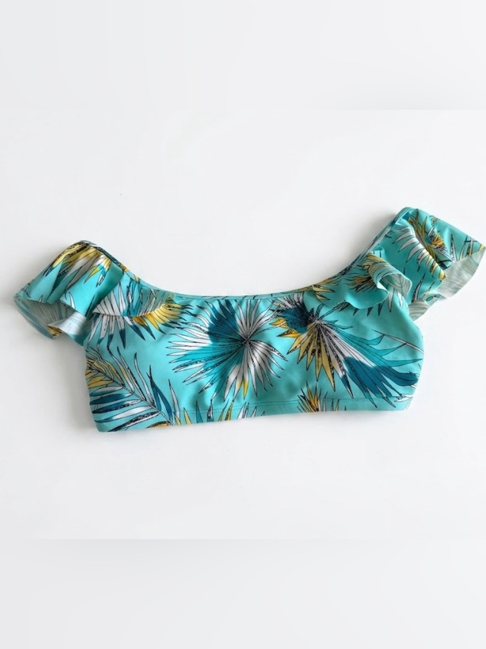 Eidon Tropical Leaf Bikini Top Swim Beach Off The Shoulder Aqua Teal Yellow
